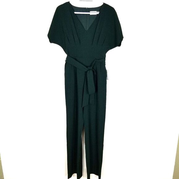 Eliza J Women Short Sleeve Belted Jumpsuit Size 0 Green Wide Leg Full Length